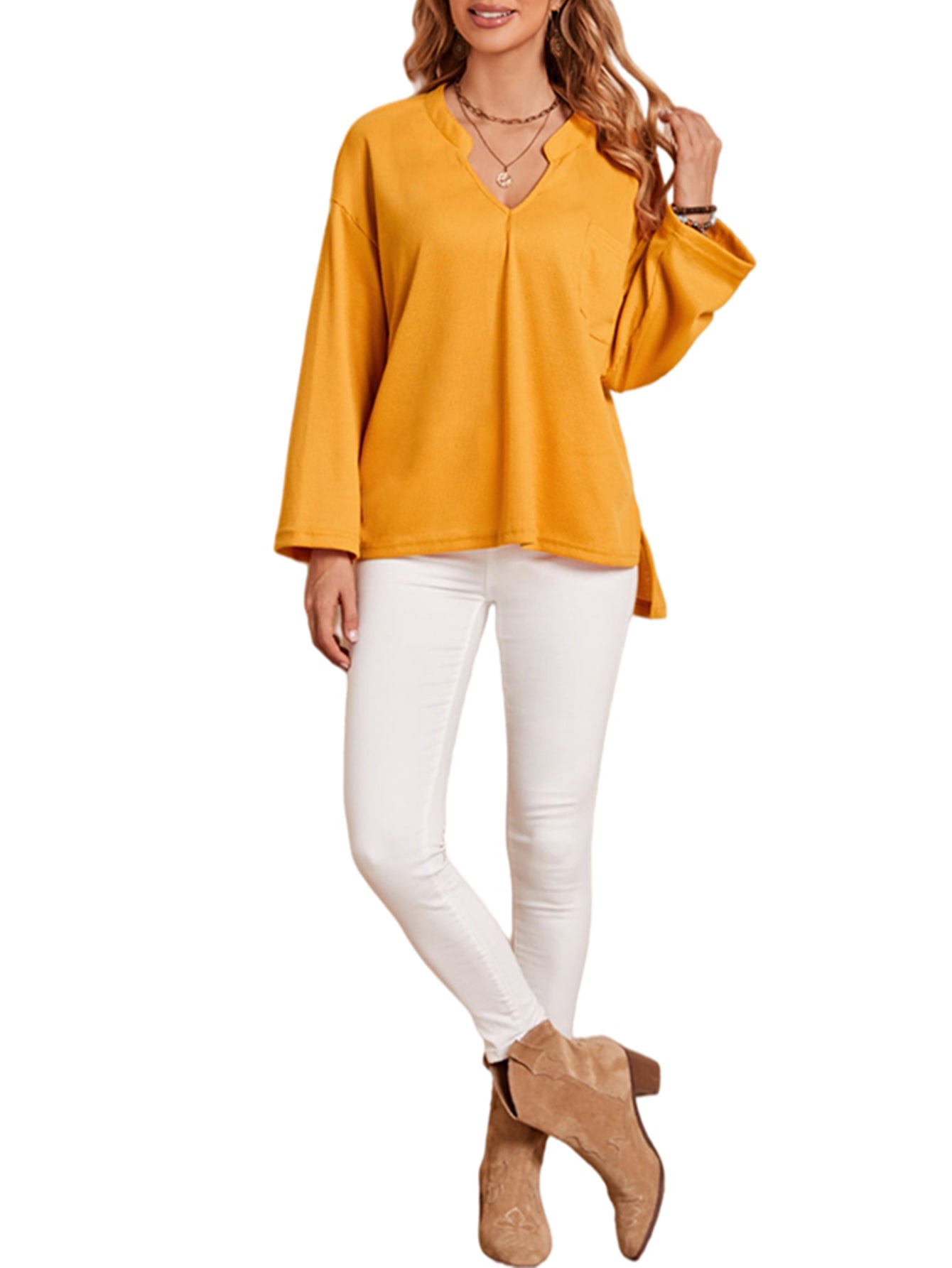 Yellow Solid Color Casual V Neck Shirt Sai Feel