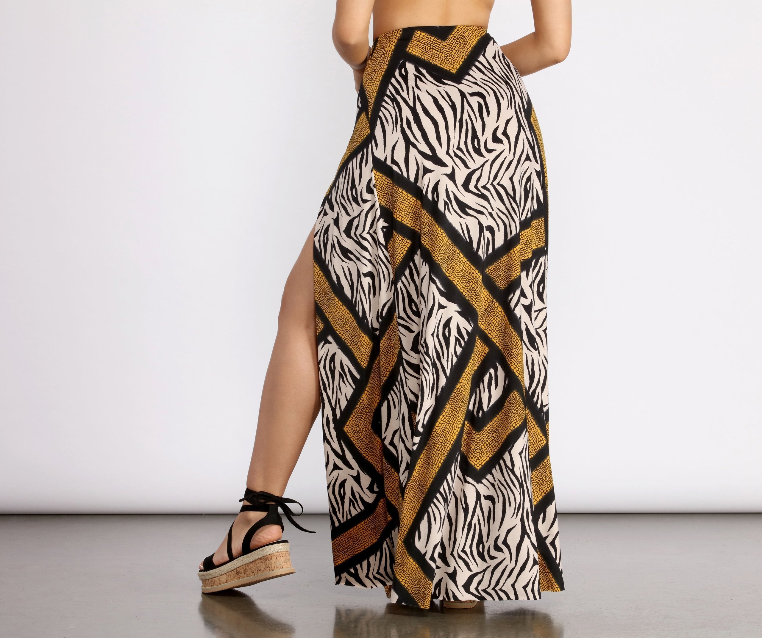 Zebra Print High Slit Maxi Skirt Sai Feel