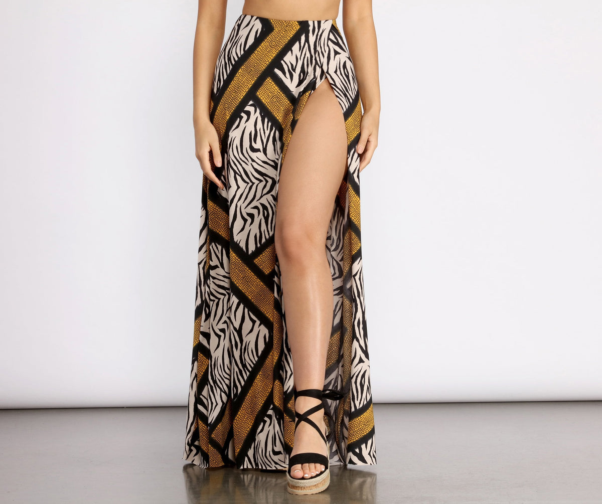 Zebra Print High Slit Maxi Skirt Sai Feel