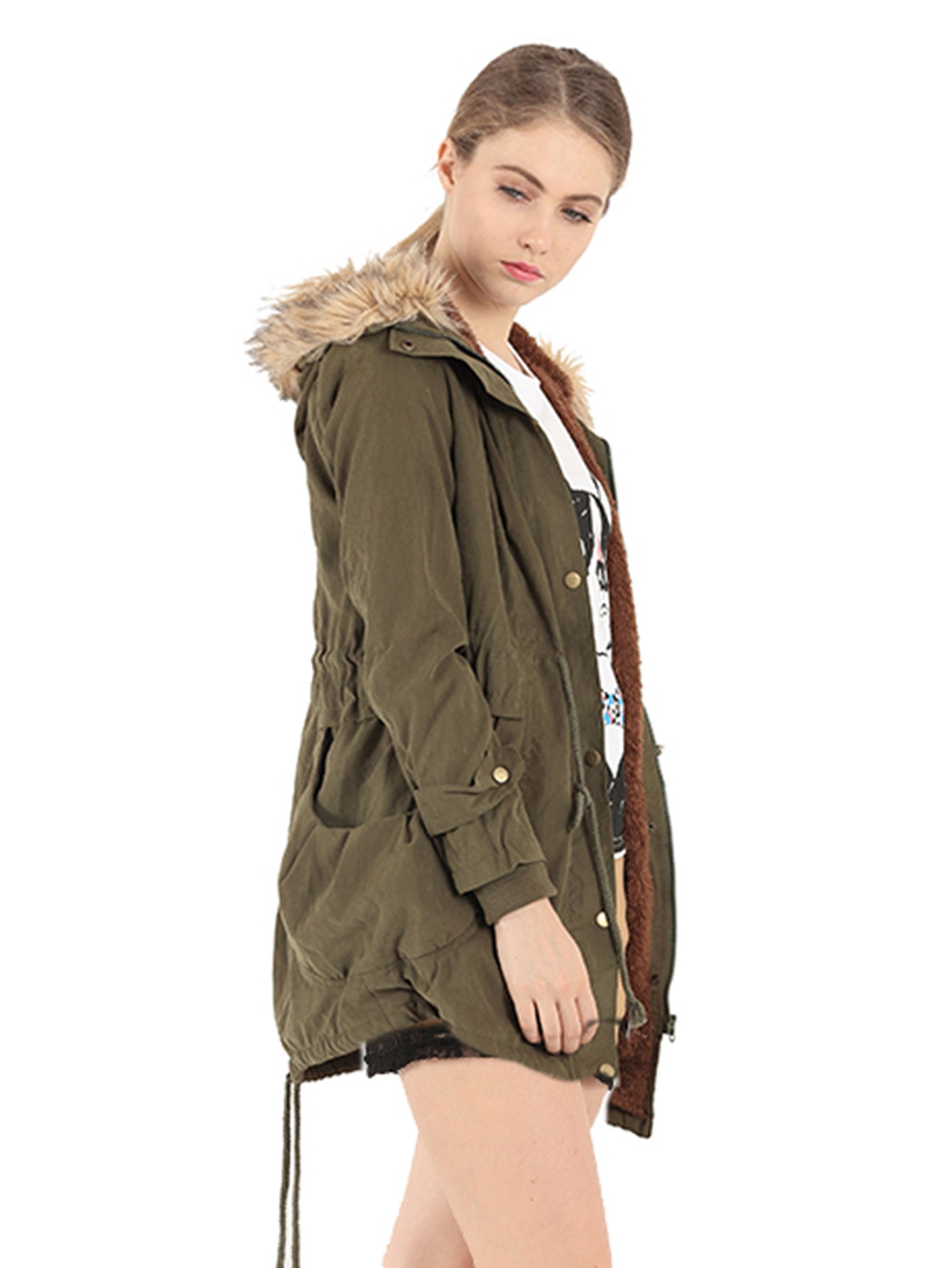 Zip Up Drawstring Waist Teddy Lined Hooded Parka Coat Sai Feel