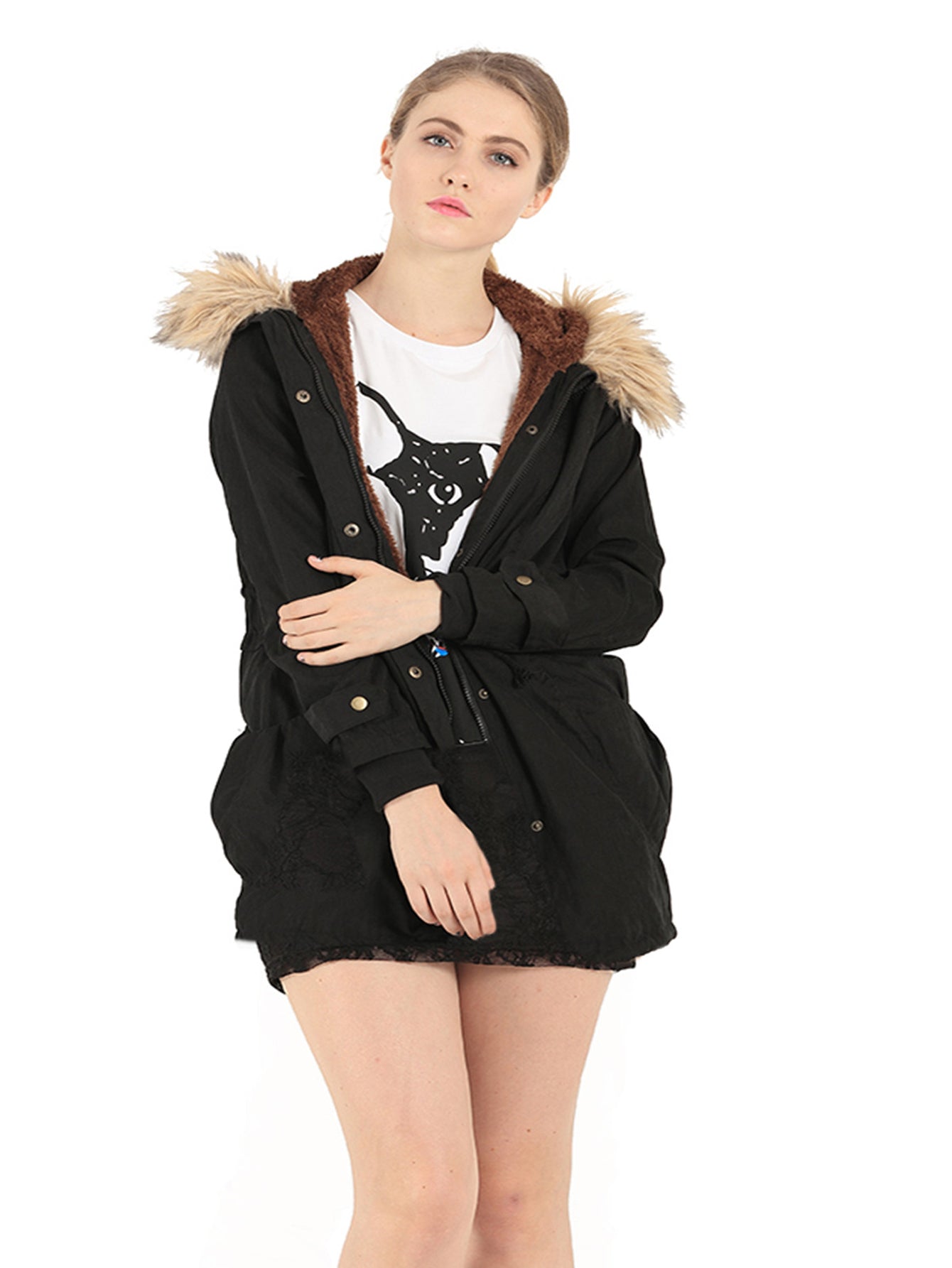 Zip Up Drawstring Waist Teddy Lined Hooded Parka Coat Sai Feel