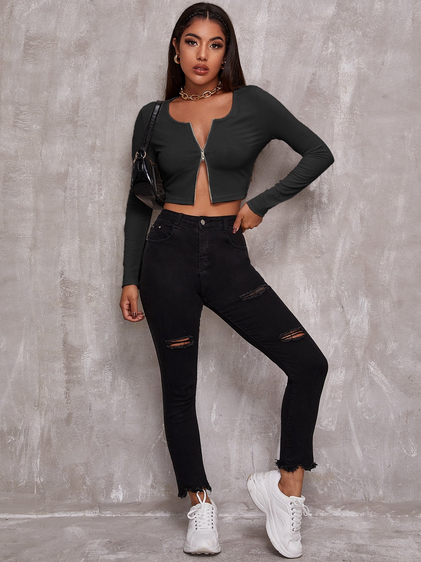 Zip Up Rib-knit Crop Top Sai Feel