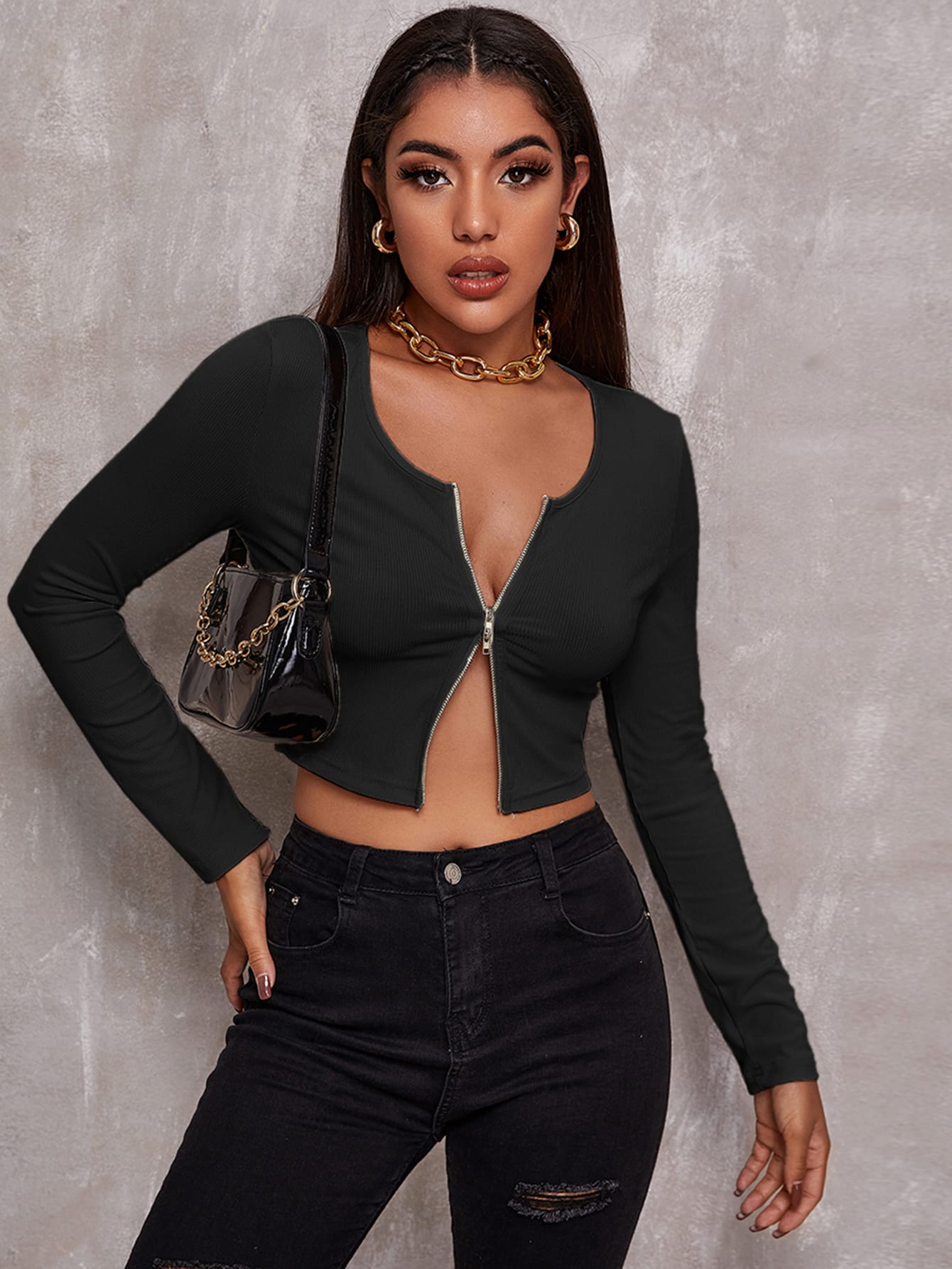 Zip Up Rib-knit Crop Top Sai Feel