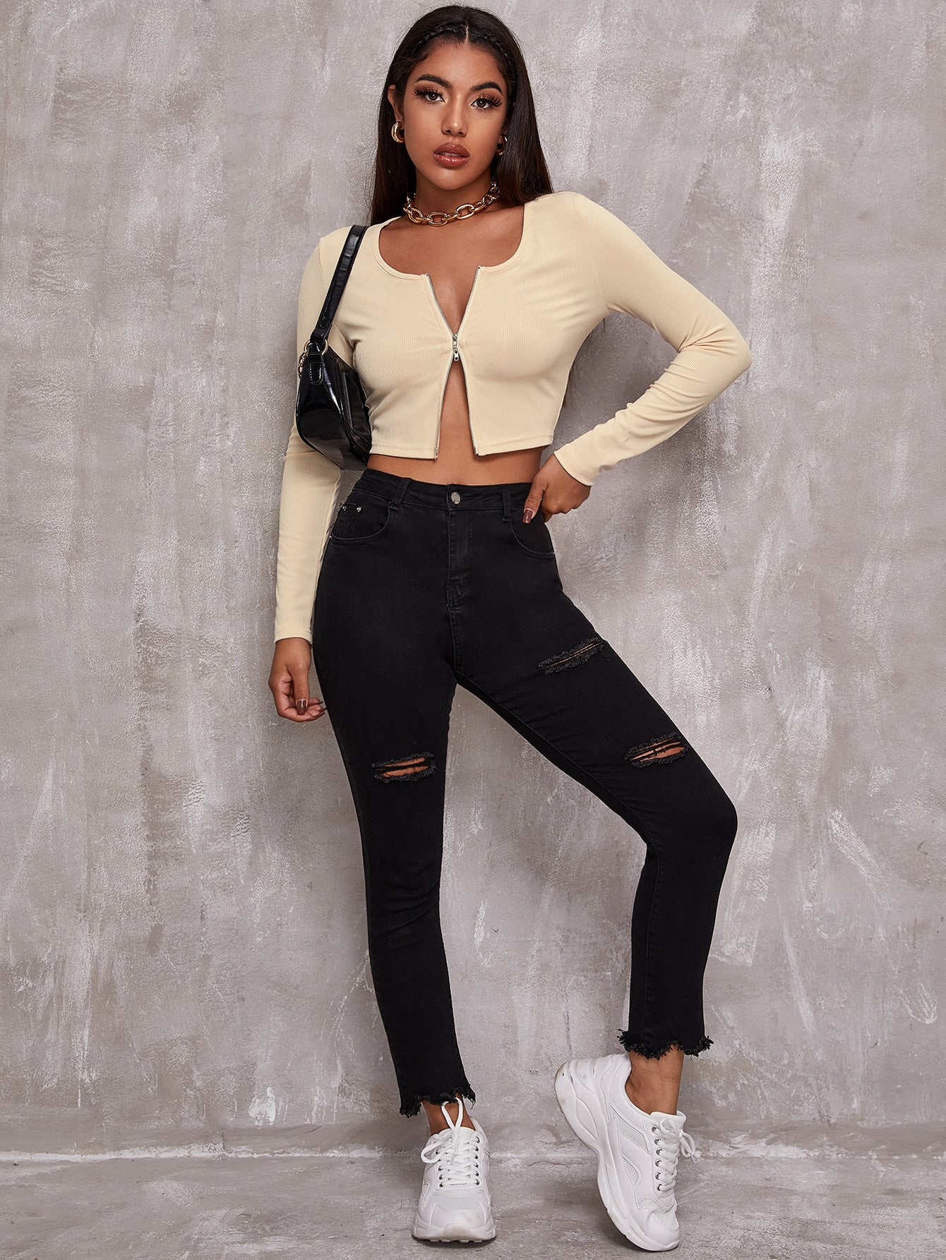 Zip Up Rib-knit Crop Top Sai Feel