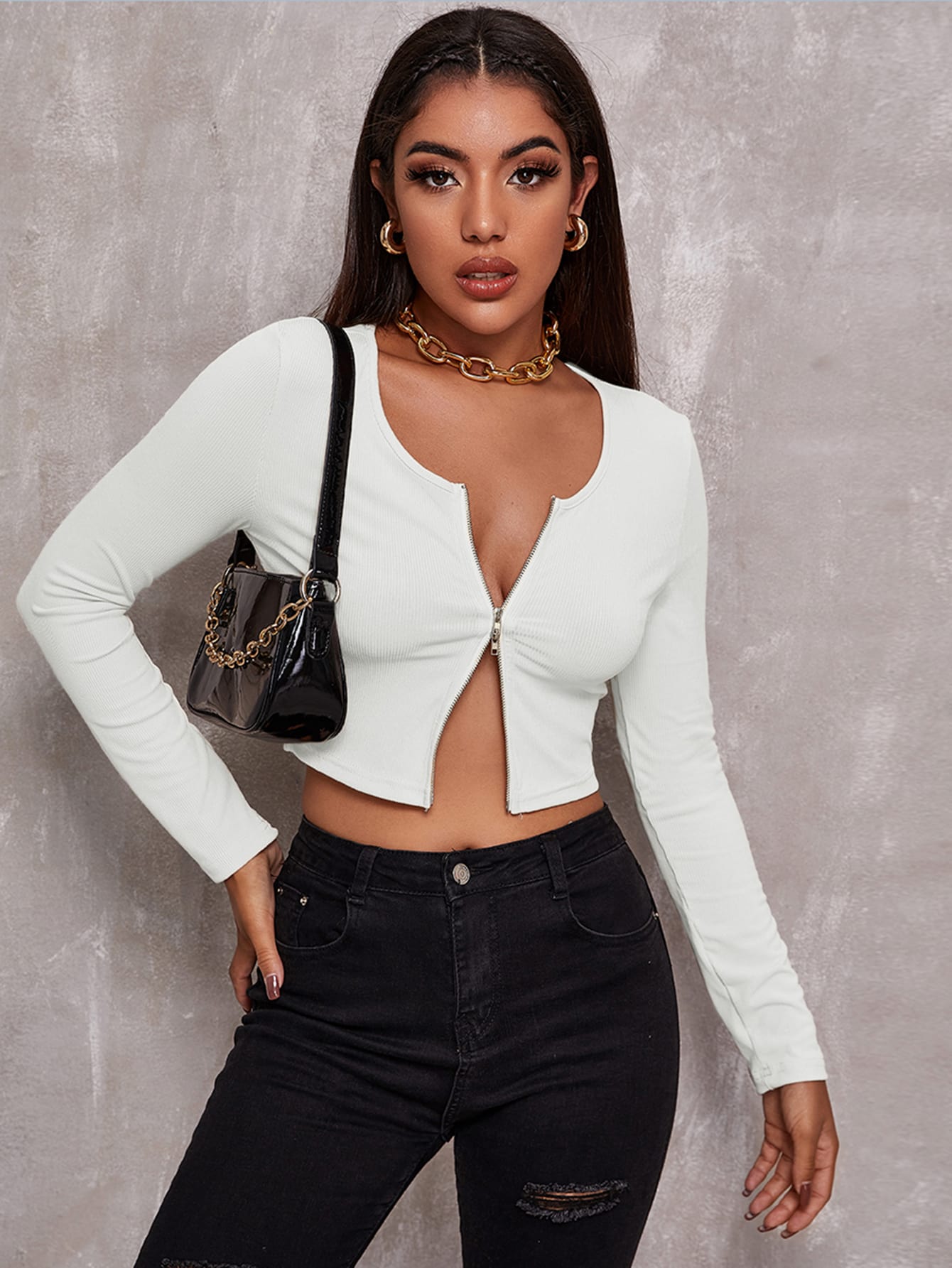 Zip Up Rib-knit Crop Top Sai Feel