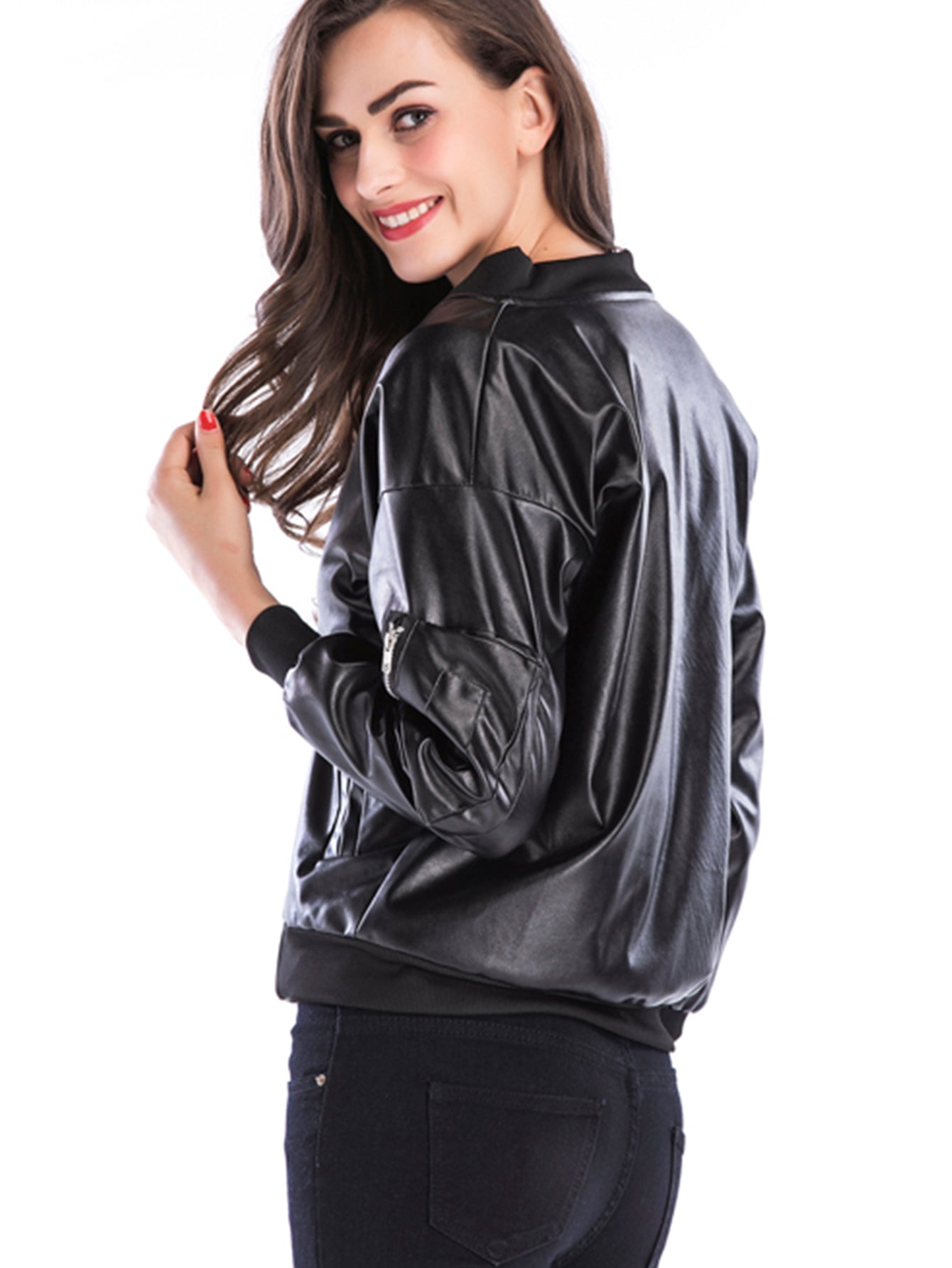 Zipper Placket Faux Leather PU Bomber Jacket Sai Feel