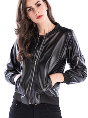 Zipper Placket Faux Leather PU Bomber Jacket Sai Feel