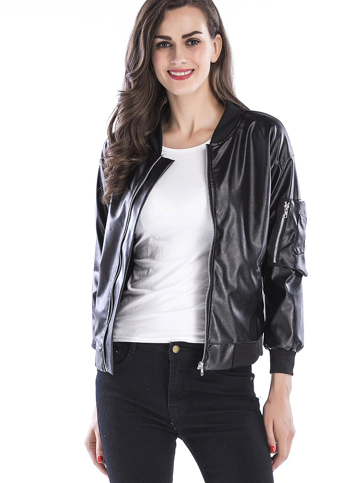 Zipper Placket Faux Leather PU Bomber Jacket Sai Feel