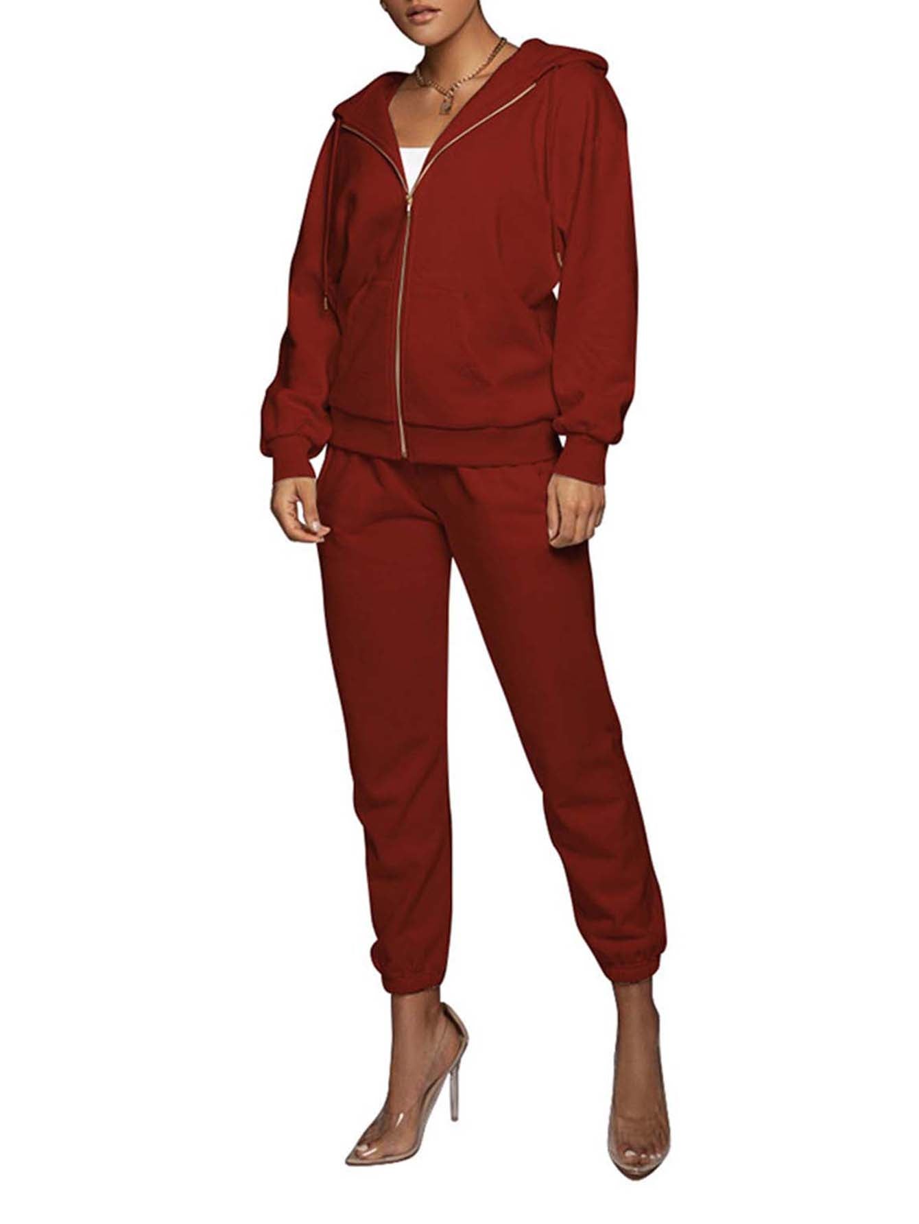 Zipper stylish solid color pocket hoodie fleece pant 2 piece sports set Sai Feel