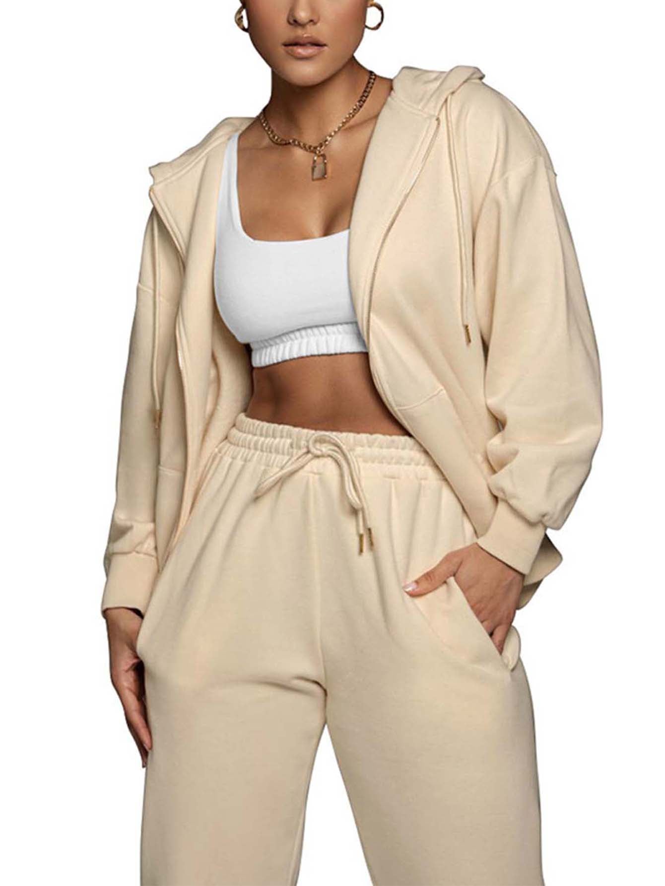 Zipper stylish solid color pocket hoodie fleece pant 2 piece sports set Sai Feel