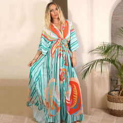 Abstract Print Belted Button Down V Neck Maxi Dress - Green