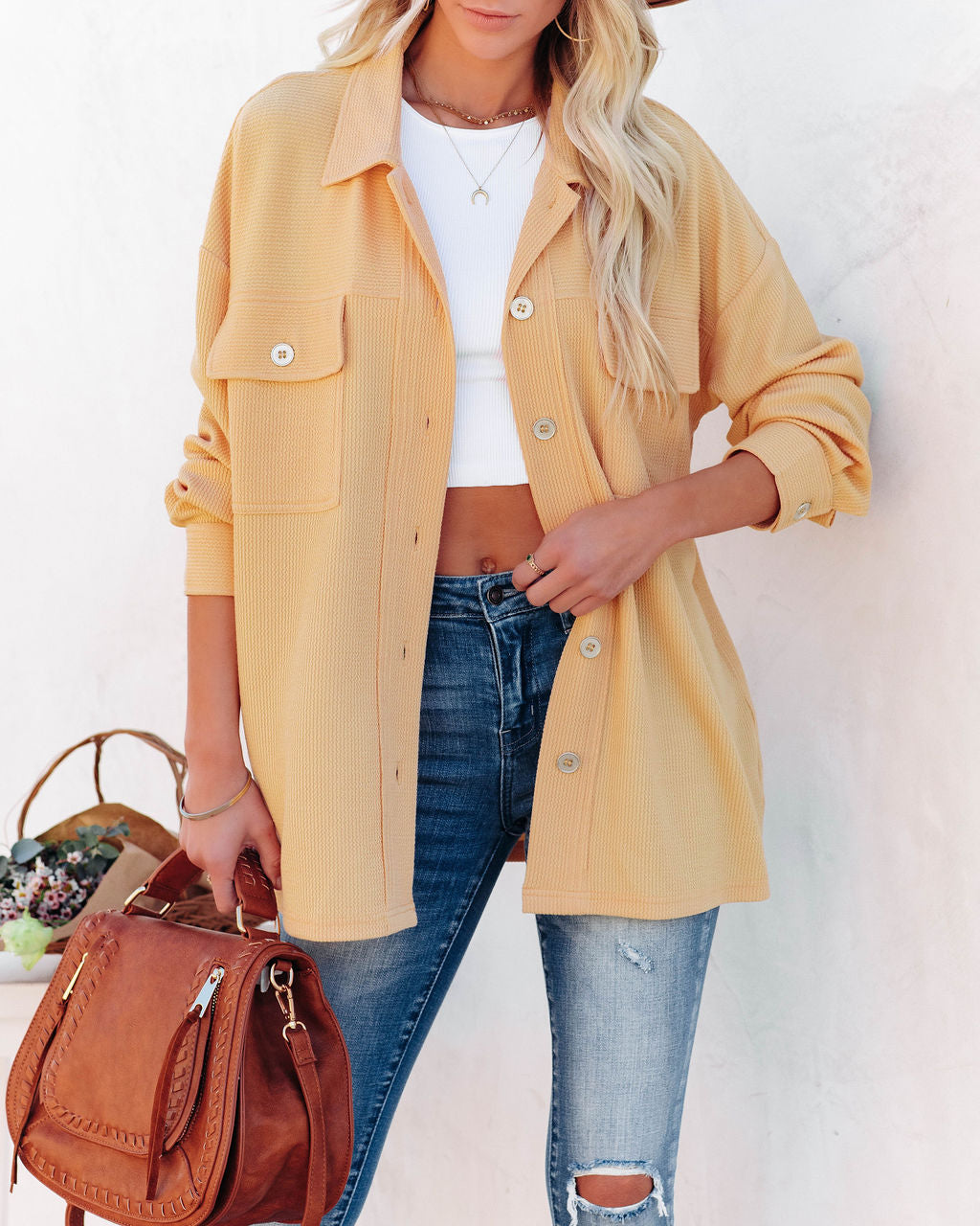 Addyson Button Down Knit Shacket - Yellow