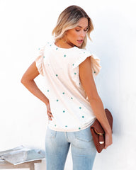 T-shirt à volants en coton mélangé à imprimé étoiles Aileen - Crème 