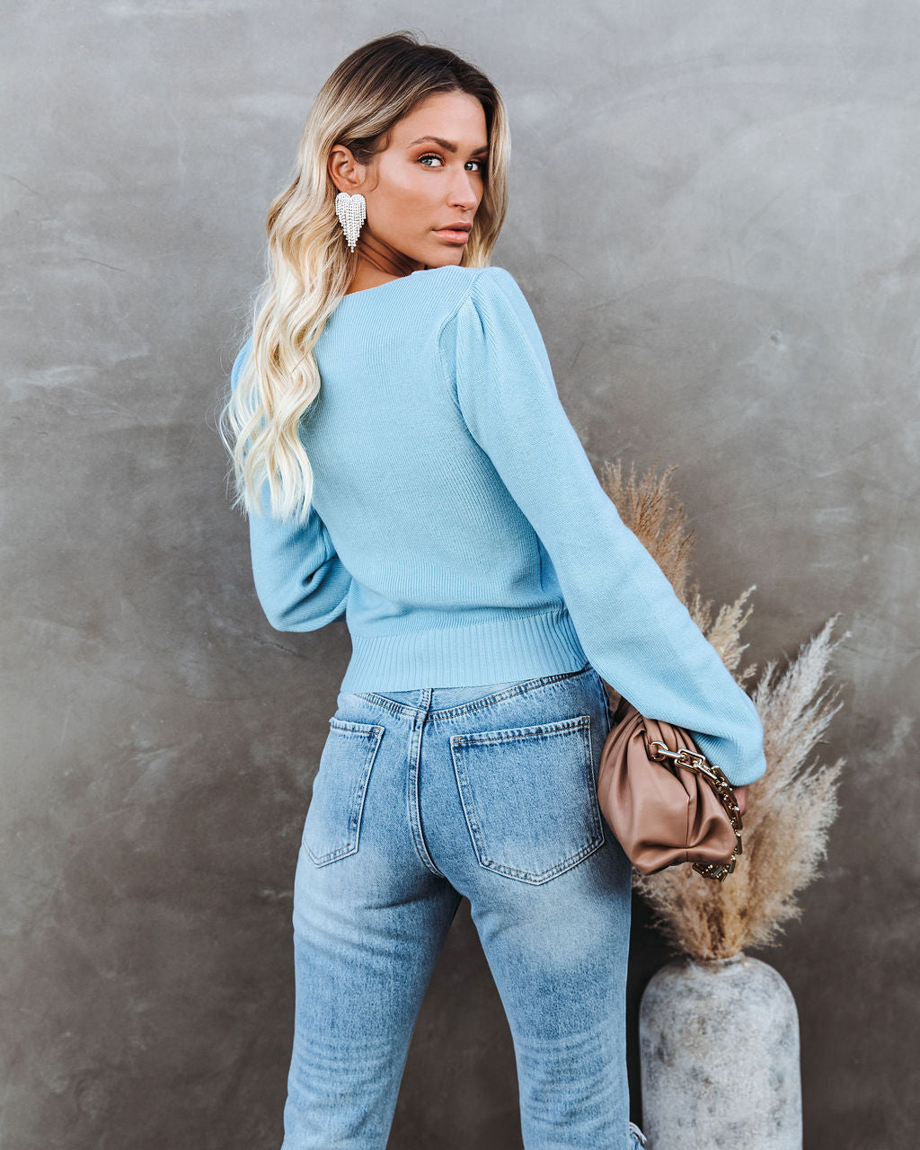 Aimee Ruched Crop Knit Sweater Top - Baby Blue - FINAL SALE