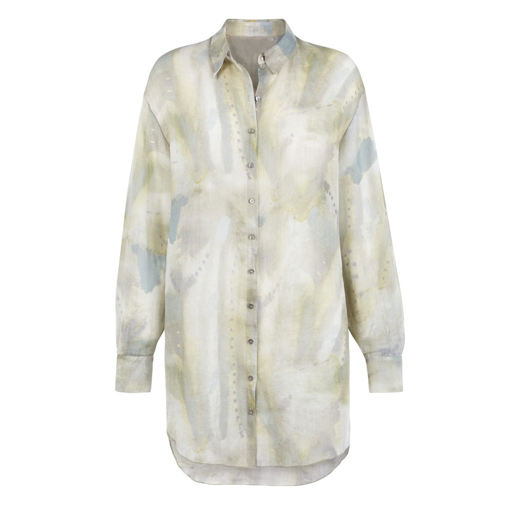 Airy Watercolor Print Long Sleeve Button Down Ramie Blouse - Green