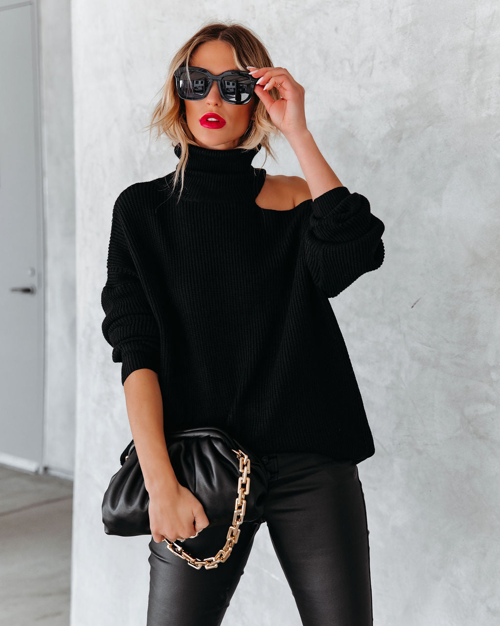 A La Mode Cutout Turtleneck Knit Sweater - Black