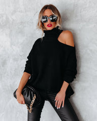 A La Mode Cutout Turtleneck Knit Sweater - Black