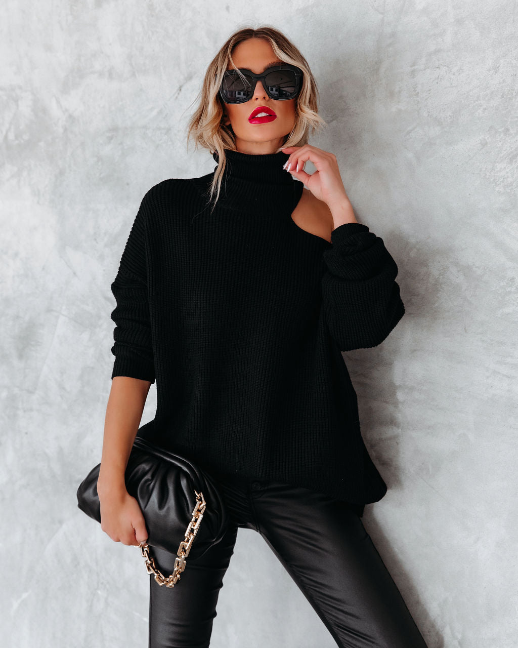 A La Mode Cutout Turtleneck Knit Sweater - Black