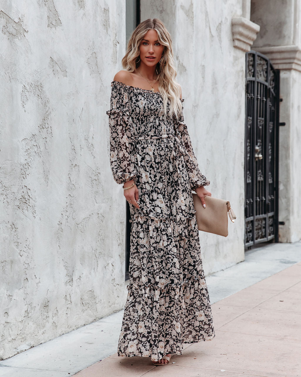 Alexandria Floral Smocked Off The Shoulder Maxi Dress