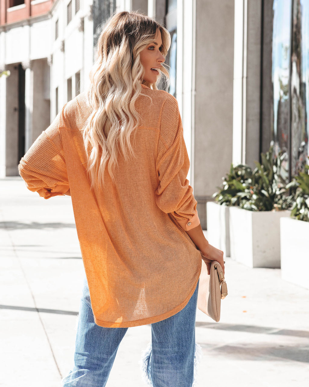 Alexie Button Down Ribbed Knit Top - Apricot