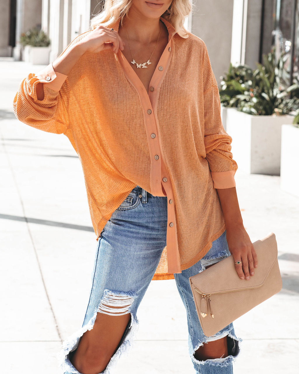 Alexie Button Down Ribbed Knit Top - Apricot