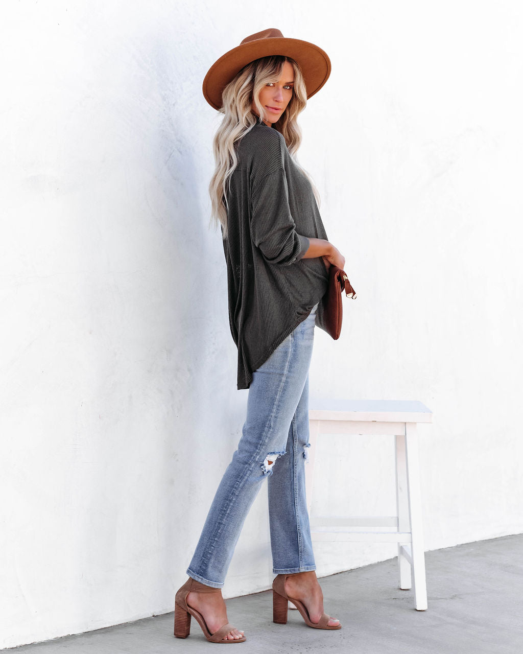 Alexie Button Down Ribbed Knit Top - Charcoal