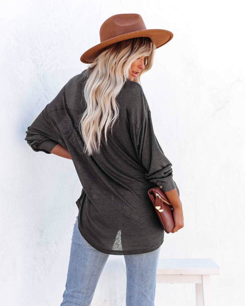 Alexie Button Down Ribbed Knit Top - Charcoal