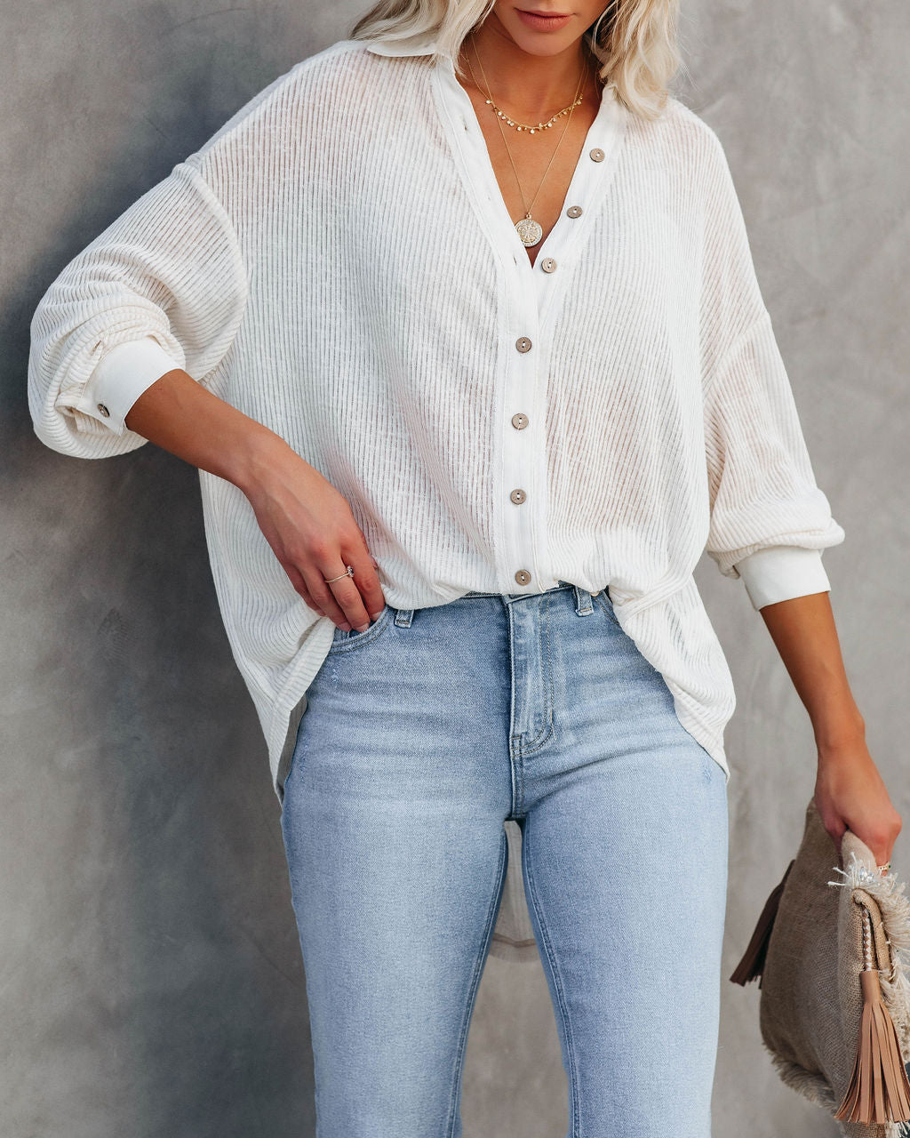 Alexie Button Down Ribbed Knit Top - Cream