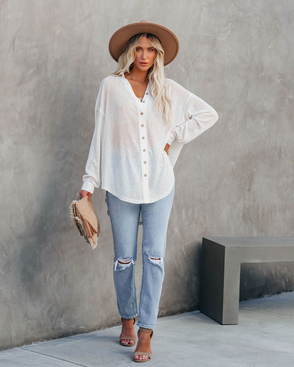 Alexie Button Down Ribbed Knit Top - Cream