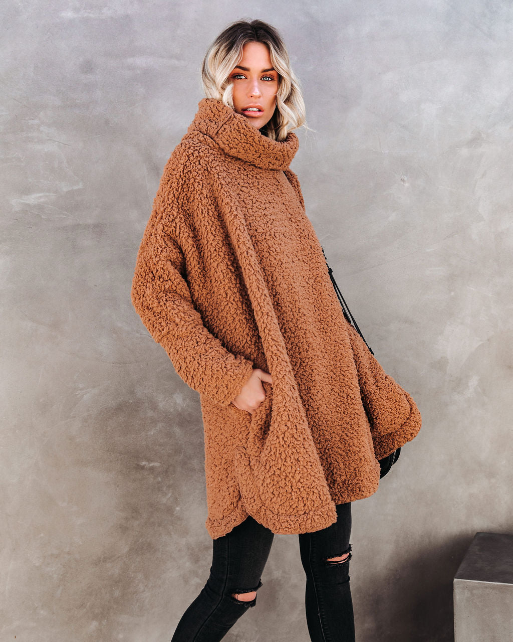 All Fired Up Pocketed Cowl Neck Sherpa Pullover