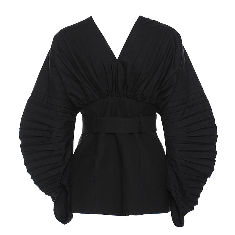 Architectural Pleated Balloon Sleeve V Neck Belted Zip Up Jacket