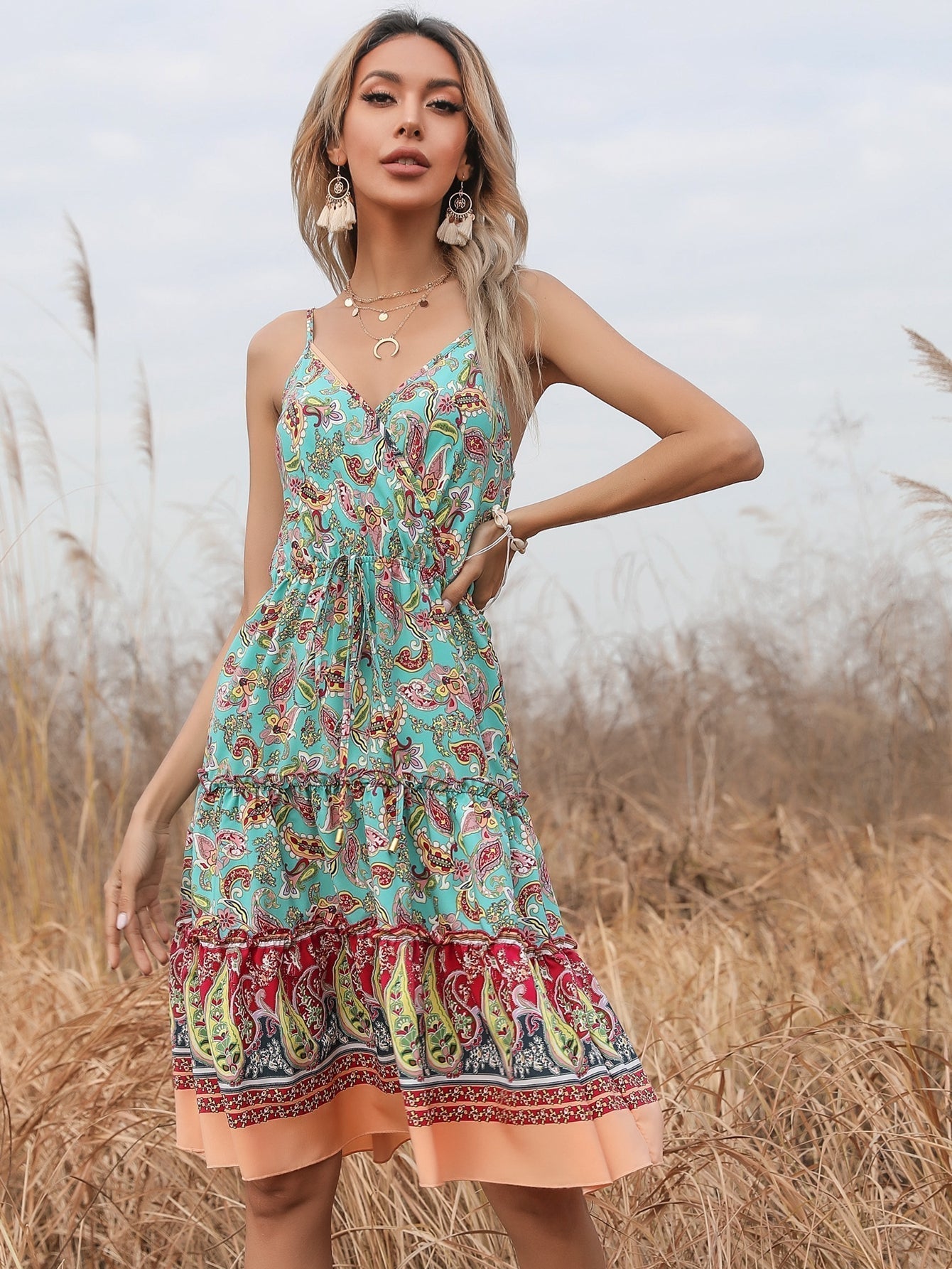 boho Floral print Sleeveless ruffle hem Belted Wrap Cami Dress Sai Feel