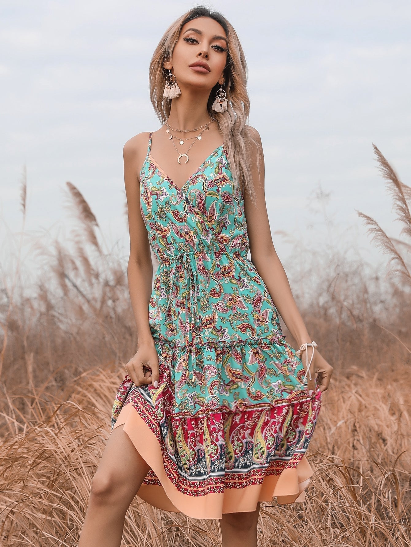 boho Floral print Sleeveless ruffle hem Belted Wrap Cami Dress Sai Feel