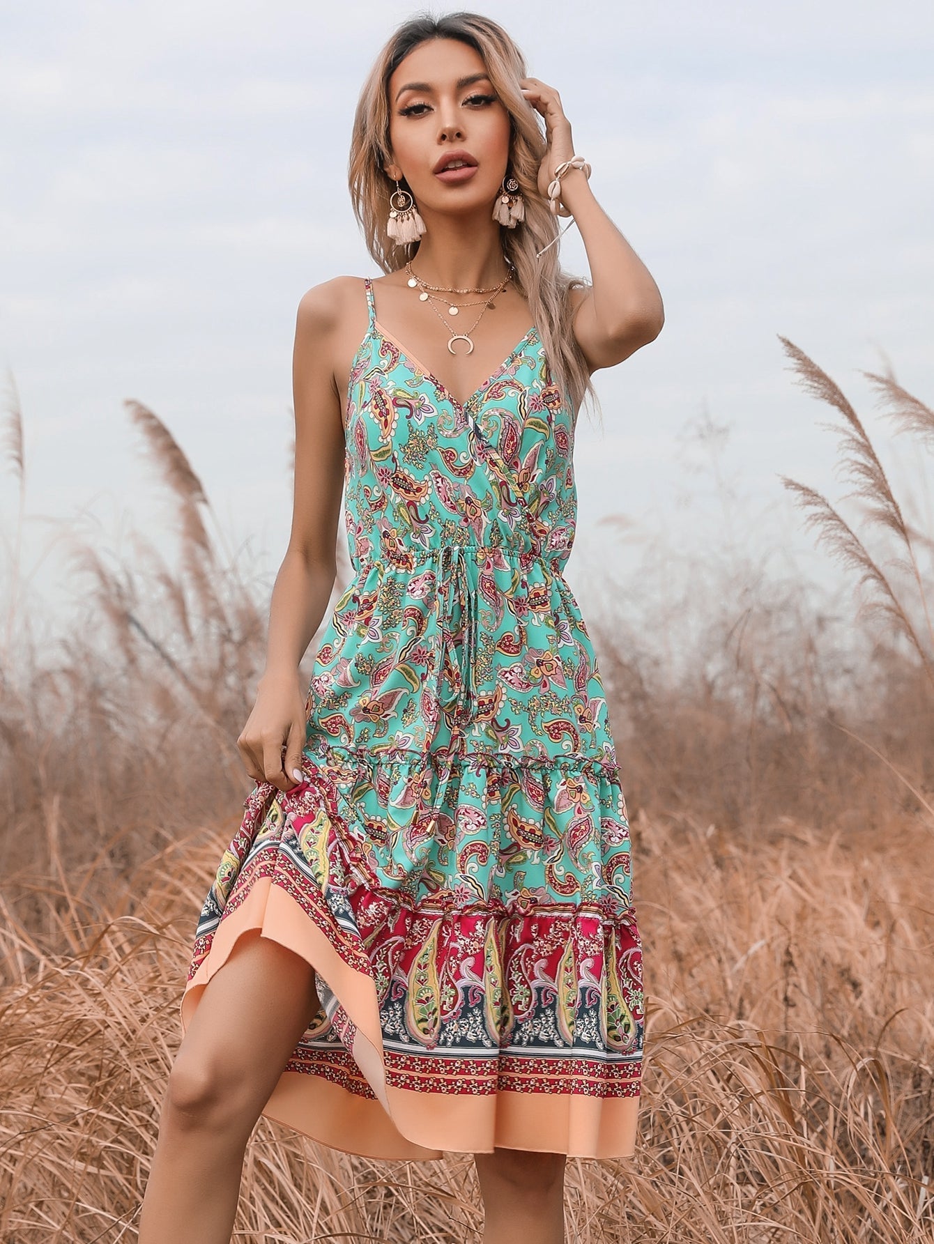 boho Floral print Sleeveless ruffle hem Belted Wrap Cami Dress Sai Feel