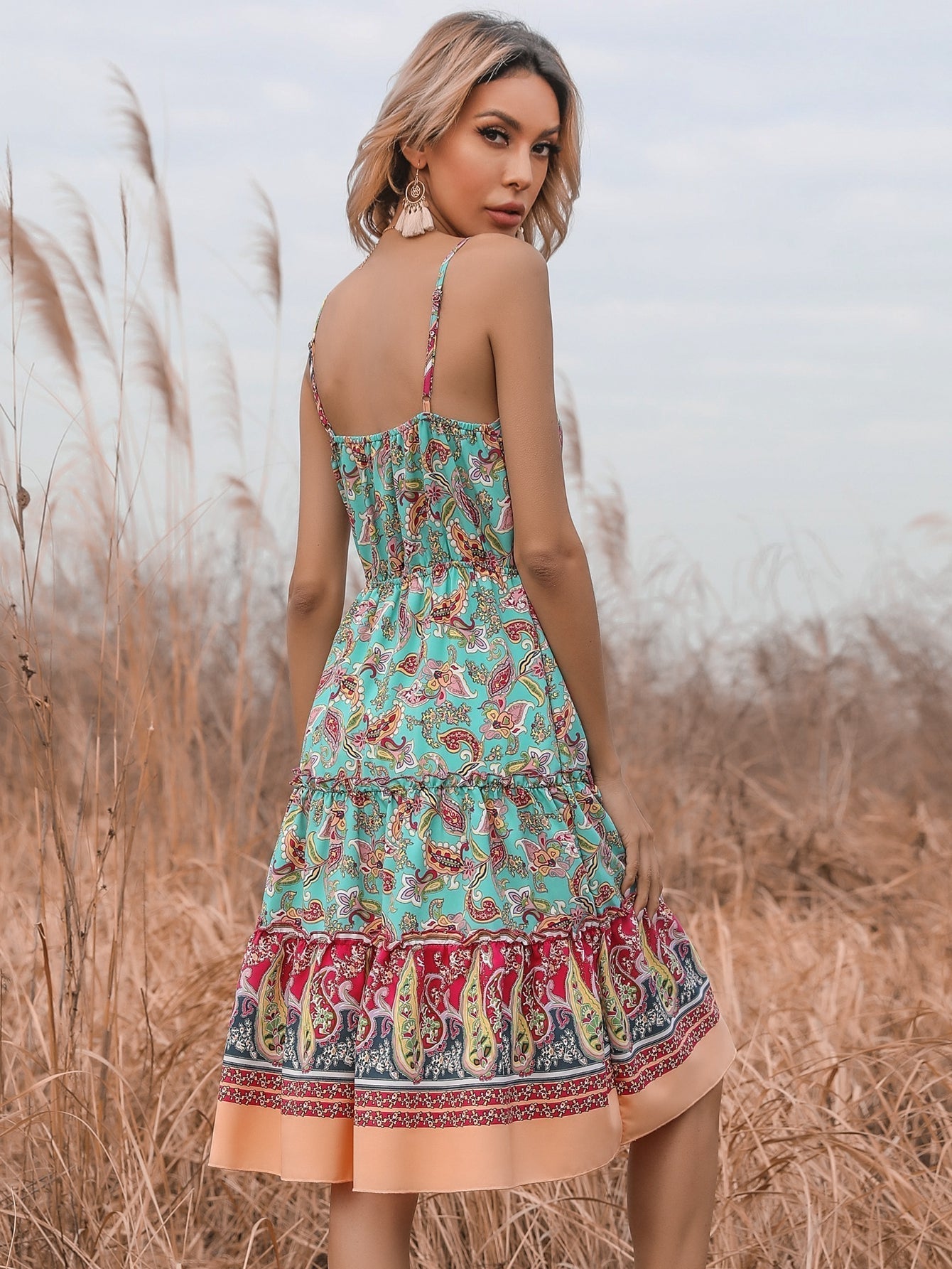 boho Floral print Sleeveless ruffle hem Belted Wrap Cami Dress Sai Feel