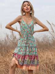 boho Floral print Sleeveless ruffle hem Belted Wrap Cami Dress Sai Feel