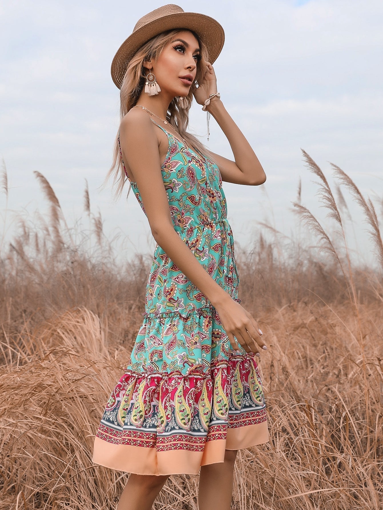 boho Floral print Sleeveless ruffle hem Belted Wrap Cami Dress Sai Feel