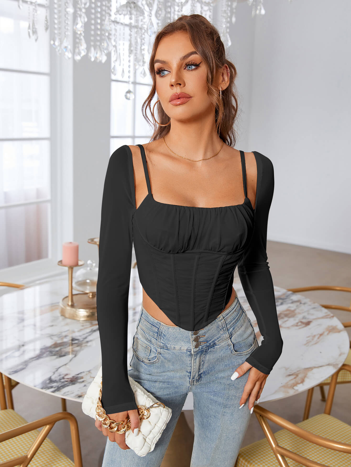 Boning Ruched Mesh Long Slevee Corset Top