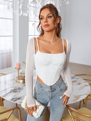 Boning Ruched Mesh Long Slevee Corset Top