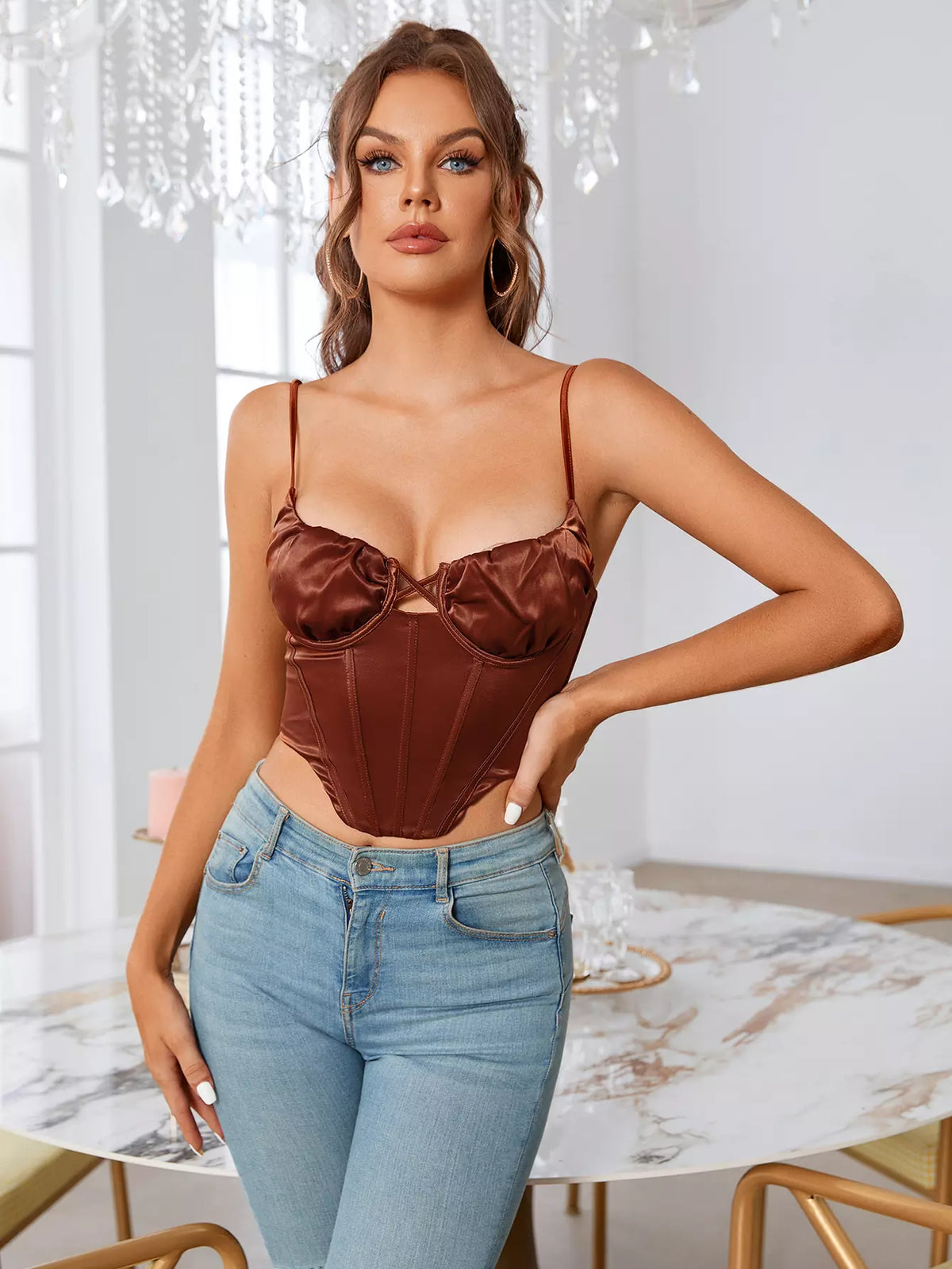 Boning Underwire Cut Out Satin Corset Top