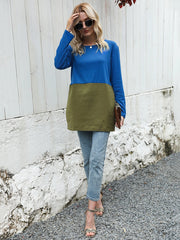 casual color stitching round collar long sleeve T-shirt Sai Feel