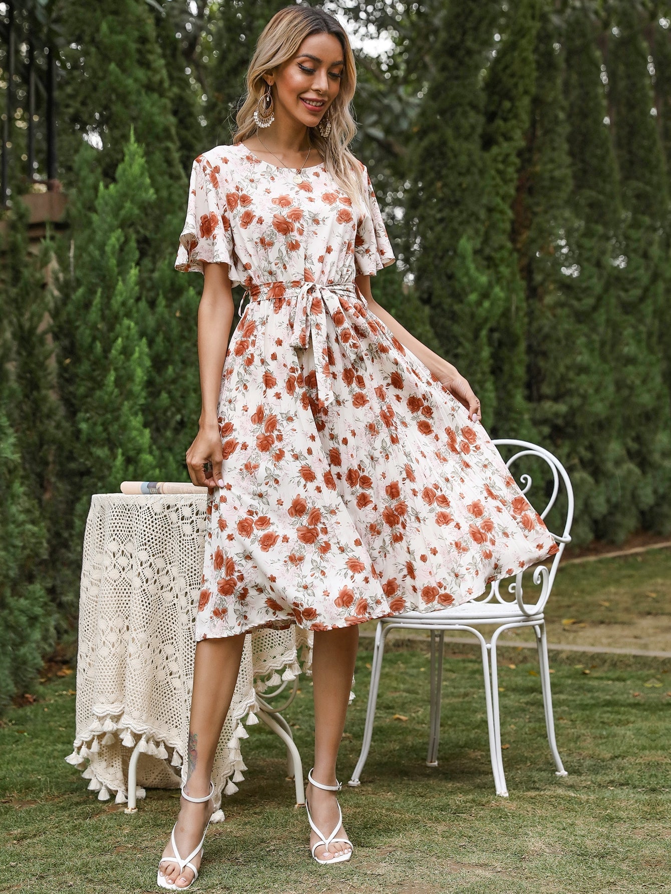 ditsy floral print Flutter Sleeve Belted Dress Sai Feel