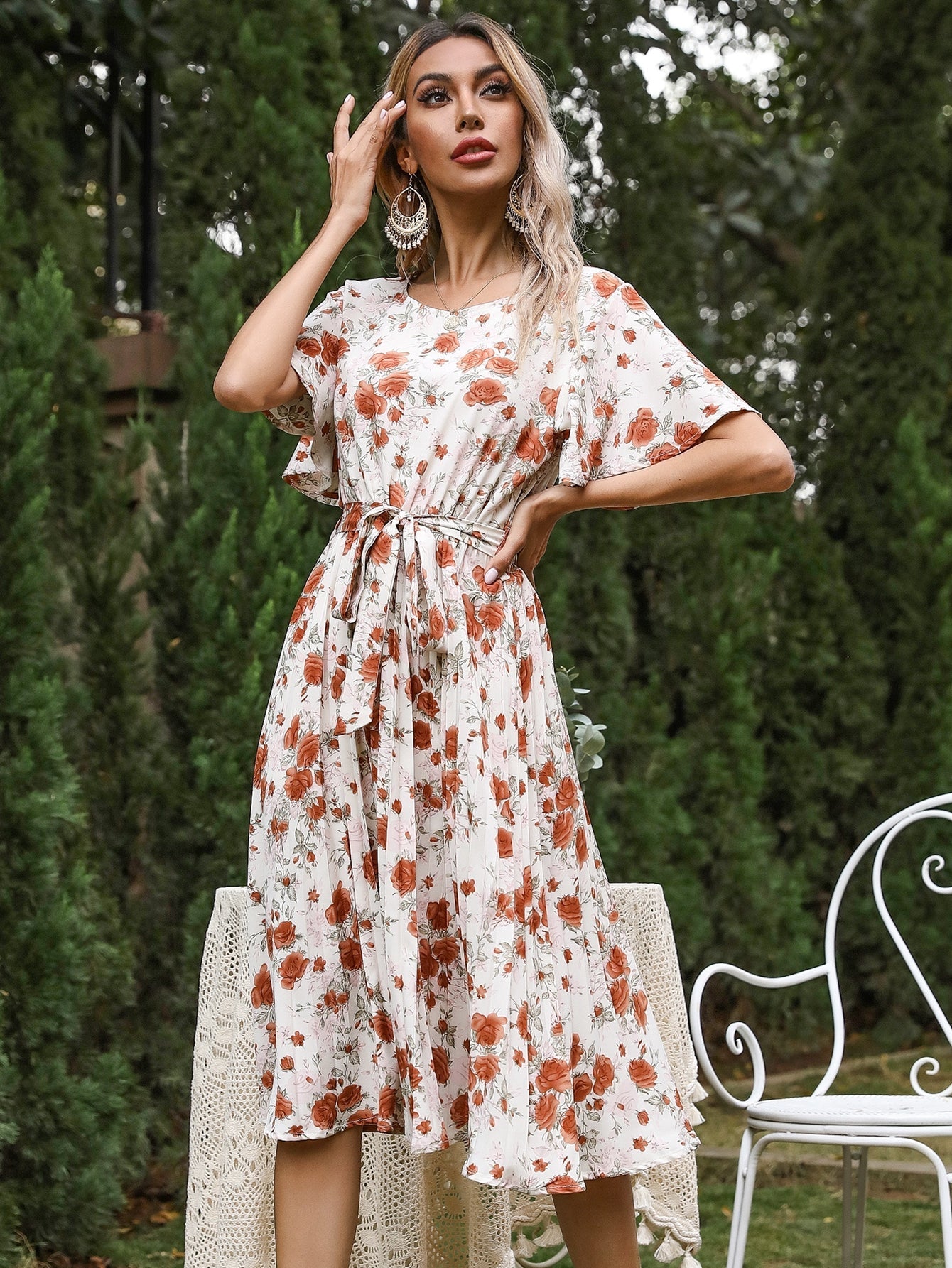 ditsy floral print Flutter Sleeve Belted Dress Sai Feel