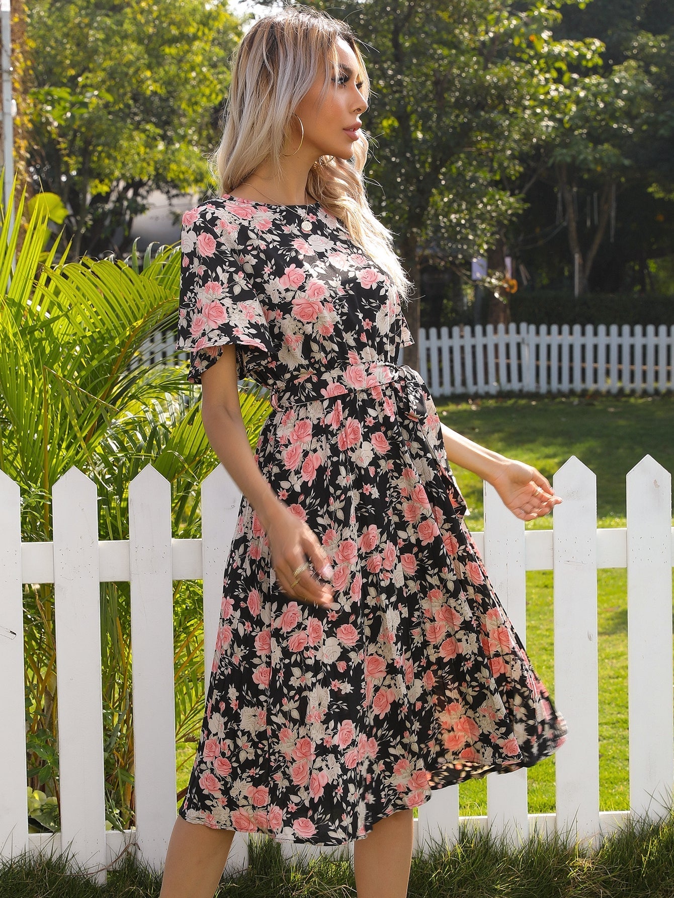 ditsy floral print Flutter Sleeve Belted Dress Sai Feel