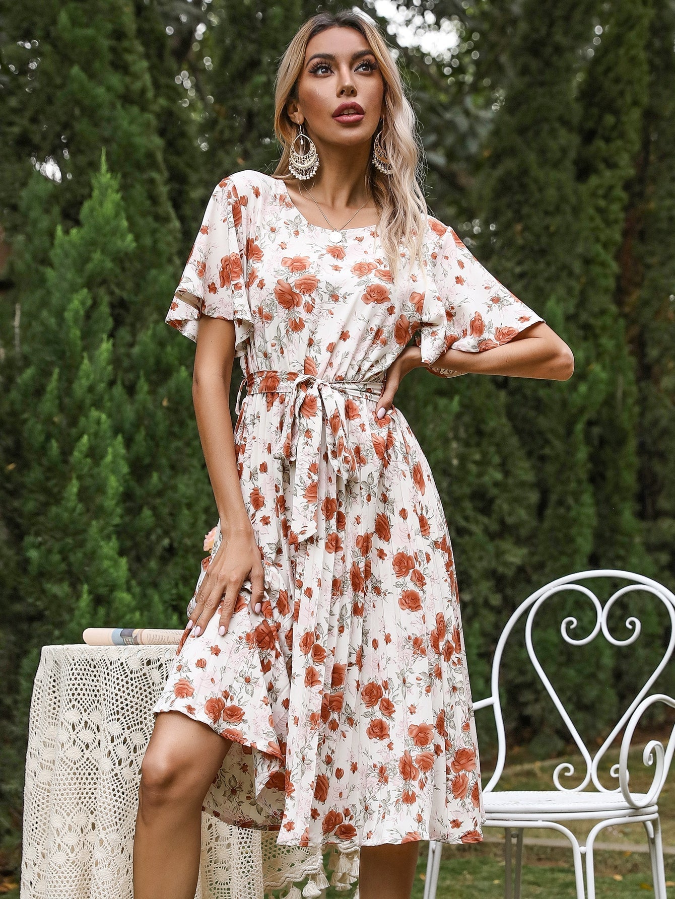 ditsy floral print Flutter Sleeve Belted Dress Sai Feel