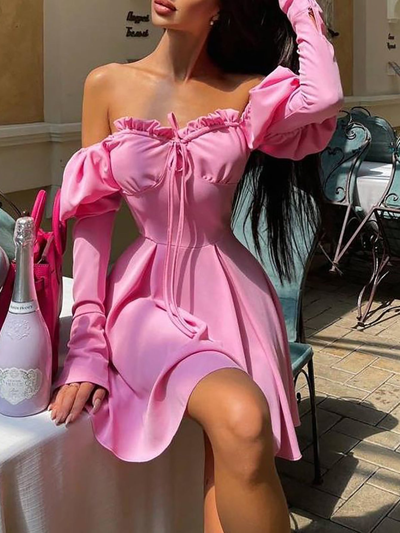 drop shoulder strapless belt sexy long sleeve dress Sai Feel