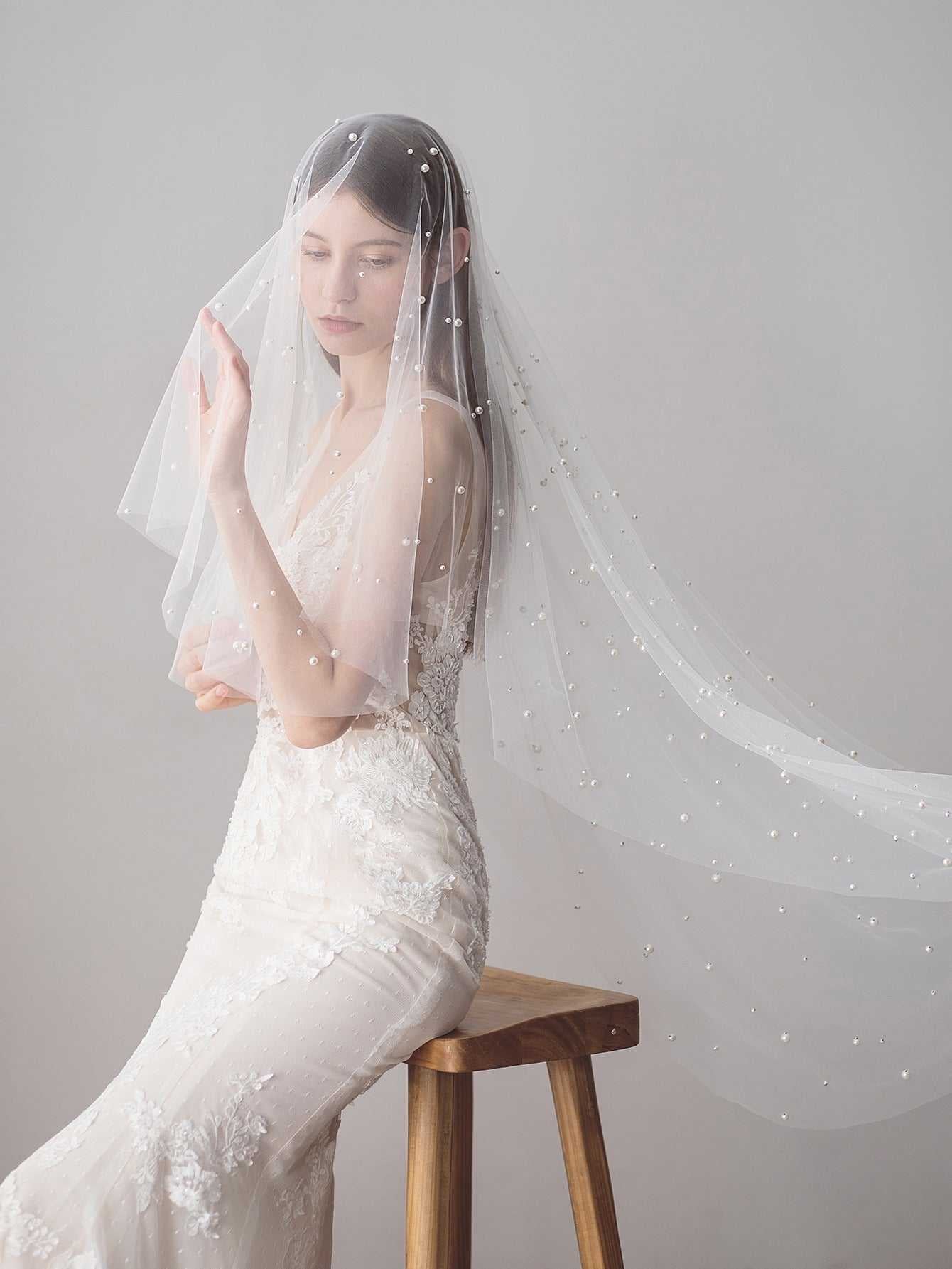 faux Pearl mesh wedding veil Sai Feel