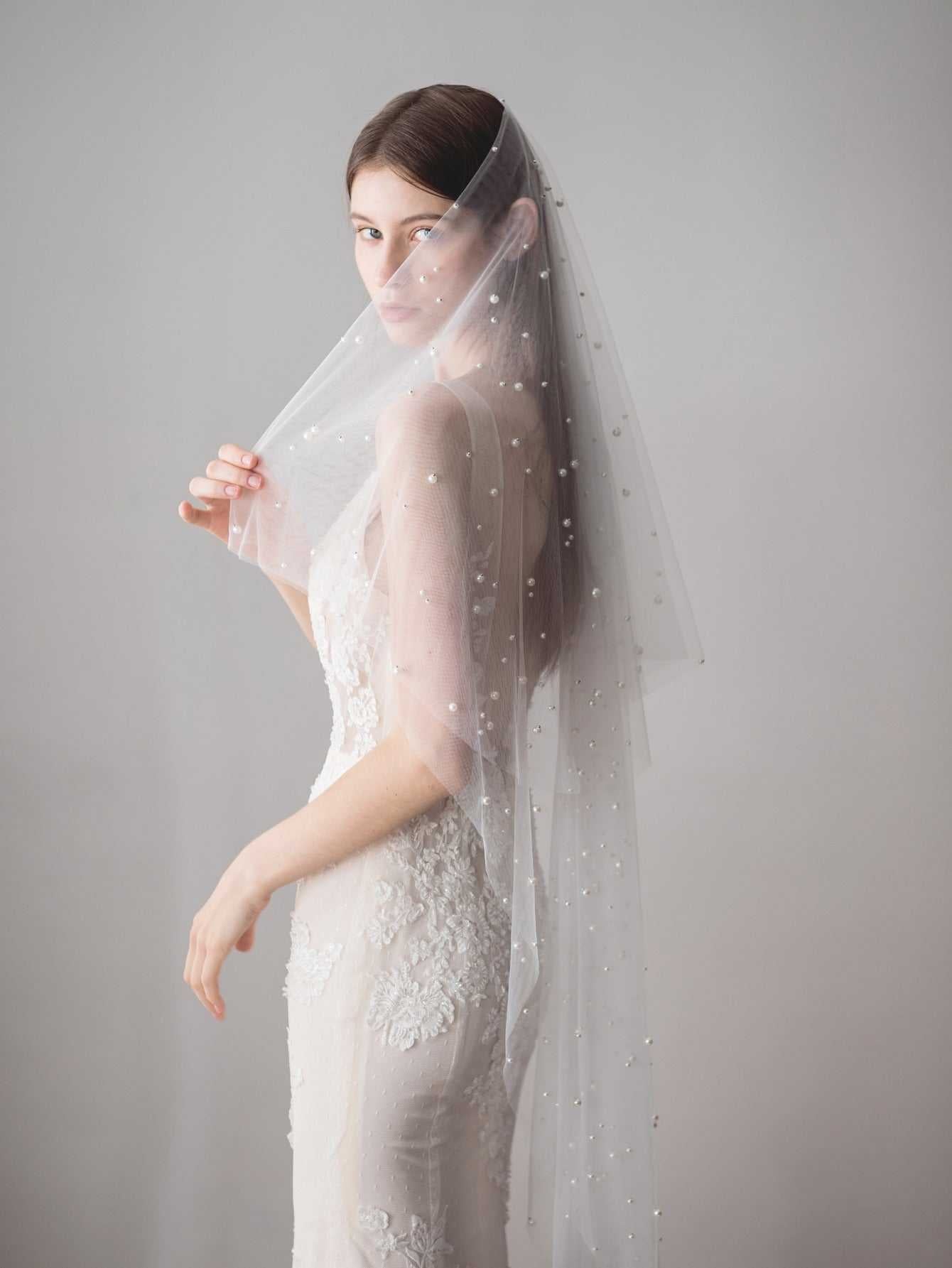 faux Pearl mesh wedding veil Sai Feel
