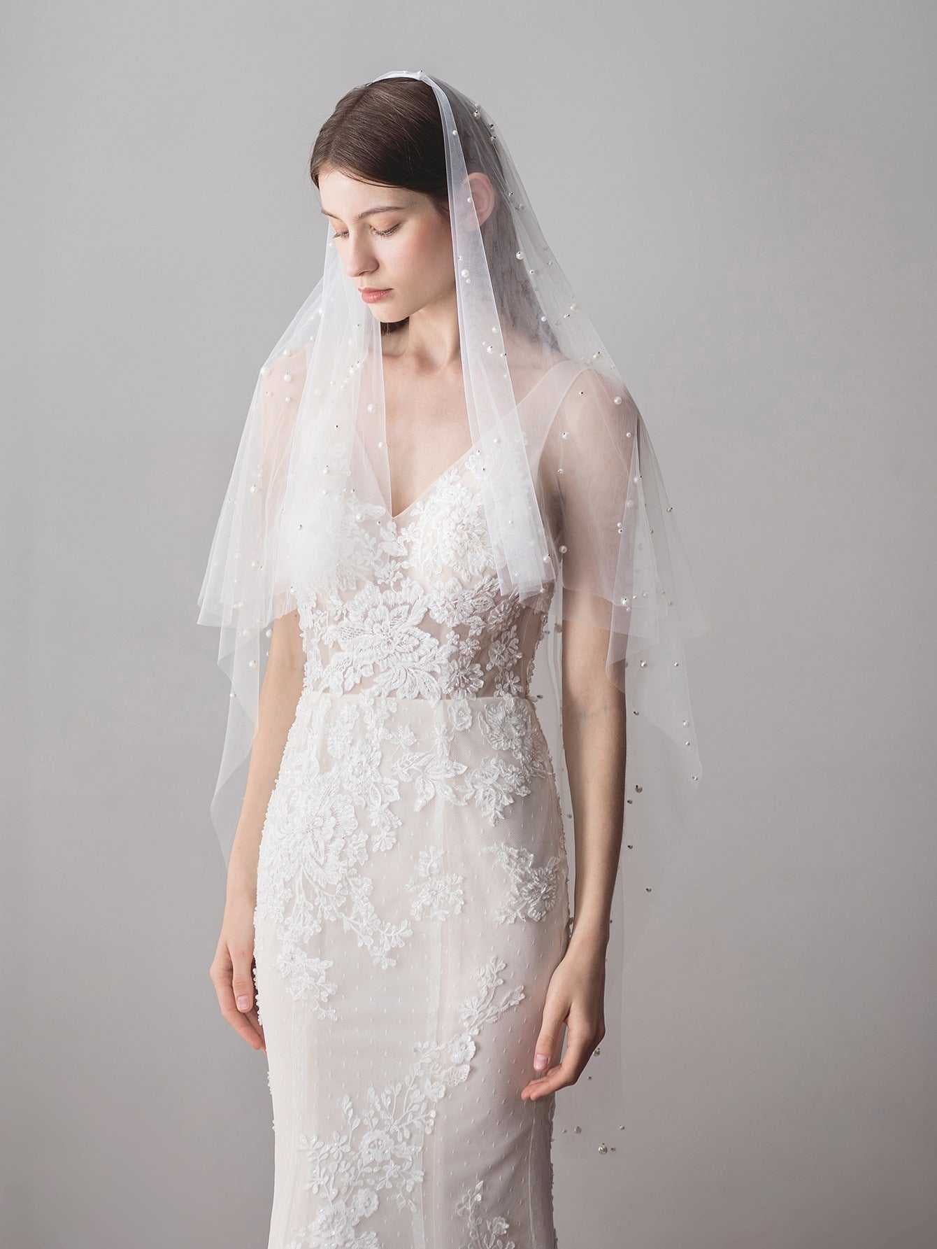 faux Pearl mesh wedding veil Sai Feel