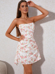 Floral Print Ruched Side Tube Dress